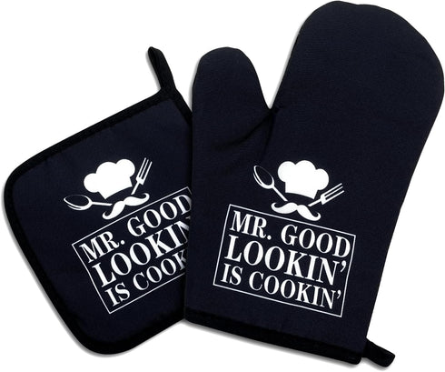 Mr.Good Looking is Cooking,Funny Oven Mitts and Pot Holders Sets of 2,Silicone Non-Slip Oven Mitts,Kitchen Gift for Men,Cooking Baking BBQ Gifts,H...