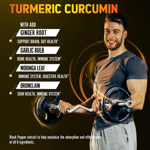 6 in 1 Turmeric Curcumin + Ginger Capsules, 95% Curcuminoids, Equivalent to 13050mg, with Ginger, Garlic Bulb, Bromelain, Moringa, Black Pepper, J...