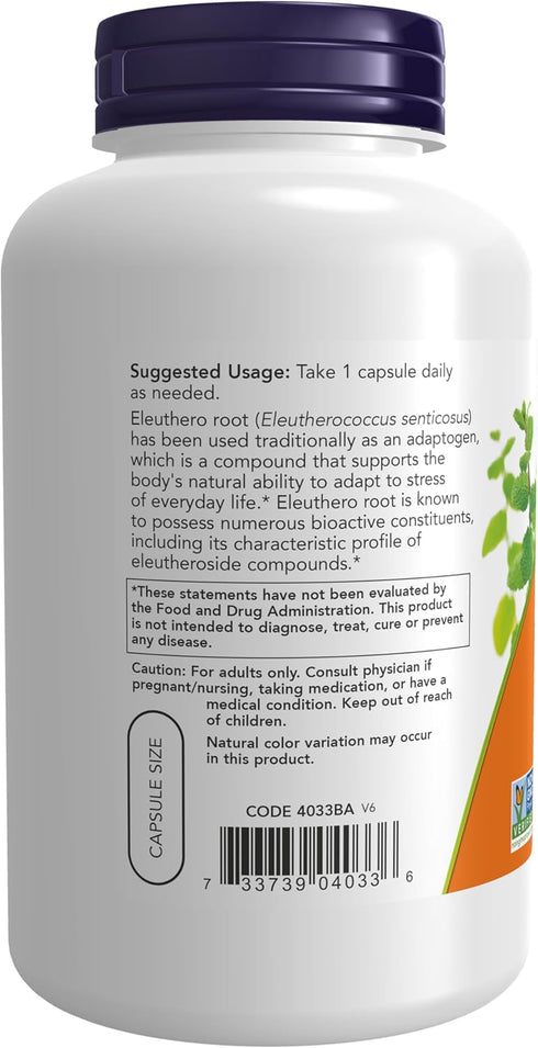NOW Supplements, Eleuthero (Eleutherococcus senticosus) 500 mg, Adaptogenic Herb*, 250 Veg Capsules...