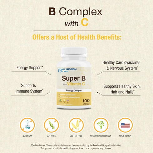Puregen Labs Super B Energy Complex with Vitamin C - Immune Health, Energy & Nervous System Support - Non-GMO, Gluten-Free 100 Vegetarian Tablets...