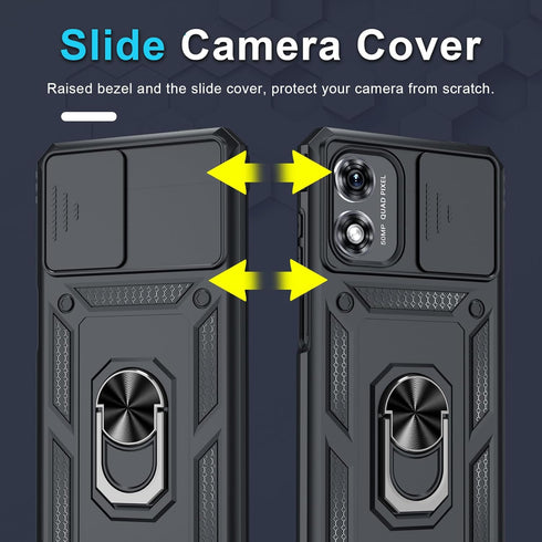 Janmitta for Motorola Moto G Play 2024 Case Built in Slide Camera Lens Cover+Screen Protector+Finger Ring Holder Kickstand,Heavy Duty Shockproof F...