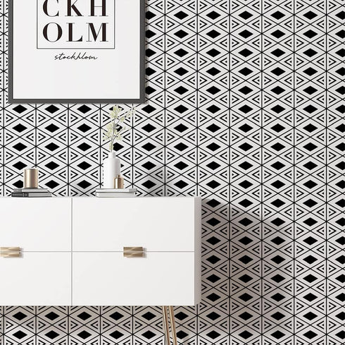 7023 Peel and Stick Wallpaper Black/White Geometric Trellis 17.7" x 9.8ft Modern Rhombus Trellis Self-Adhesive Contact Paper Shelf Liner for Home ...