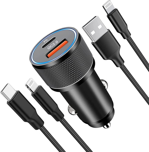 iPhone Car Charger, 38W MFi Certified Lightning Car Charger, USB C Car Charger Adapter PD3.0&QC3.0 Car Charger with 2Pack Lightning Cable for iPho...
