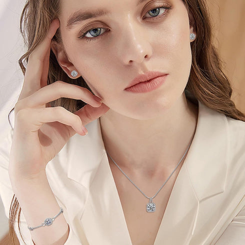 Hadskiss Silver Cubic Zirconia Earrings and Pendant Necklace Link Bracelet Set for Women 14K White Gold Plated Square Wedding Jewelry Sets for Bri...