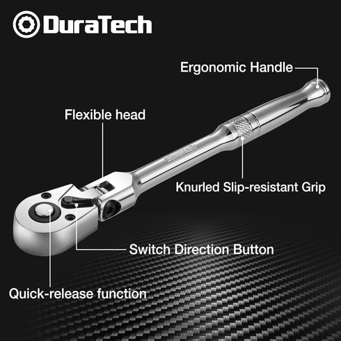DURATECH 1/4" Drive Flex-Head Ratchet, 72-Tooth Ratchet Wrench, Quick-release, Reversible Switch, Full-Polished Chrome Plating, Alloy Steel...