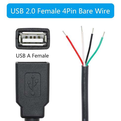4Pcs USB A Female 4Pin Bare Wire 1M/3FT, 5V/2A USB 4 Pin Pigtail Open End Power Data Cable, Tail Tinning, for USB Equipment Installed or Replaceme...