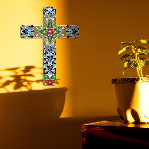 Floral Cross Wall Decor Hand Painted Decorative Inspirational Wooden Cross Mexican Art Wall Decor Mexican Crucifix for Home Room Church Decoration...