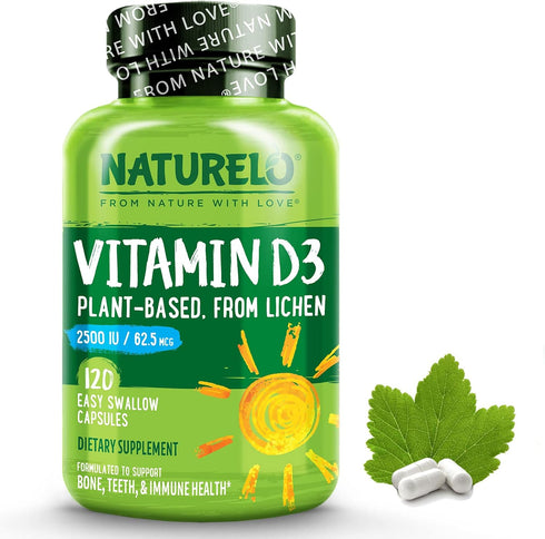 NATURELO Vitamin D - 2500 IU - Plant Based from Lichen - Natural D3 Supplement for Immune System, Bone Support, Joint Health - Vegan - Non-GMO - G...