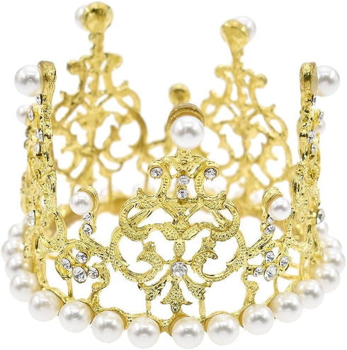 JANOU Crown Tiara Cake Topper Crystal Pearl Children Hair Ornaments for Wedding Birthday Party Cake Decoration (Gold)...