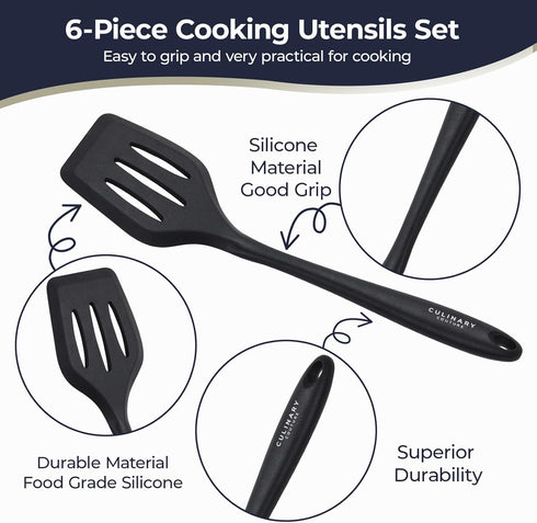 Culinary Couture Black Silicone Kitchen Utensils Set of 6, Non-Stick Heat-Resistant Silicone Kitchen Utensils Set with Steel Inner Core...