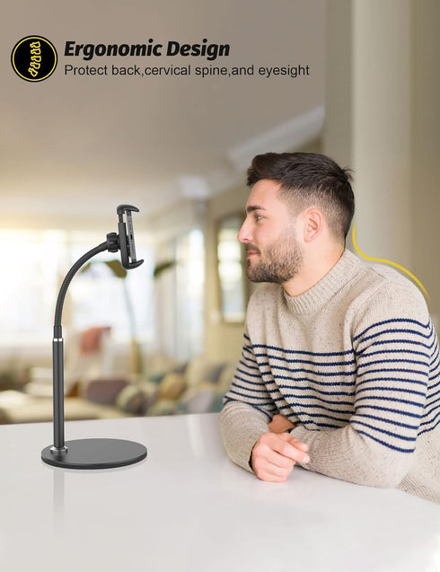 Cell Phone Stand, Adjustable Height & Angle Gooseneck Stand for Desk Flexible Arm Universal Holder, Aluminum Alloy Desktop Recording Compatible wi...