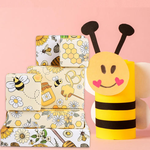 Bolsome 12 Sheets 28 * 20 Inches Bee Wrapping Paper Honeycomb Sunflower Honeybee Patterned Gift Wrap Paper for Baby Shower Spring Holiday Birthday...