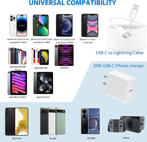 iPhone Charger, 2 Pack 20W PD USB C Wall Fast Charger Adapter with 2 Pack 10FT Long Type C to Lightning Cable Compatible with iPhone 14 13 12 11 P...