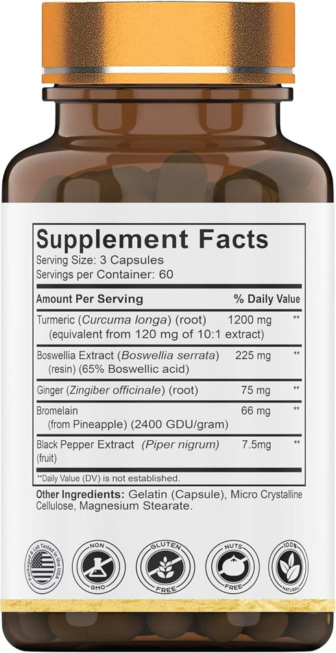 Turmeric & Boswellia Complex (180 Capsules) with Ginger Root, Bromelain, & Black Pepper Extract | Joint-Ease Formula: Powerful Joint Support Suppl...