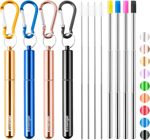 Cruise Ship Essentials,4-Pack reusable Collapsible Stainless Steel Drinking Straws with Aluminum Case,Cleaning Brush,and Keychains ?Black & rose g...