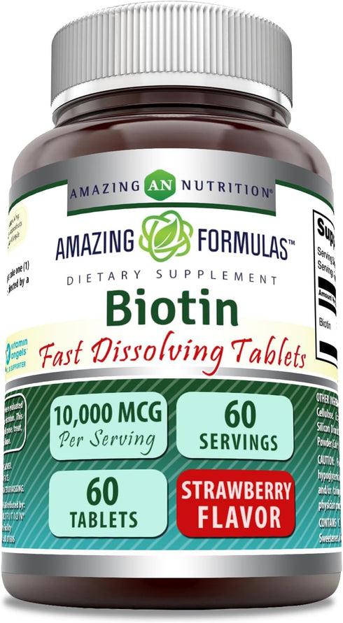 Amazing Formulas Biotin 10,000 mcg | Fast Dissolve Tablets | Non-GMO | Gluten Free Supplement | Made in USA (Strawberry | 60 Count)...
