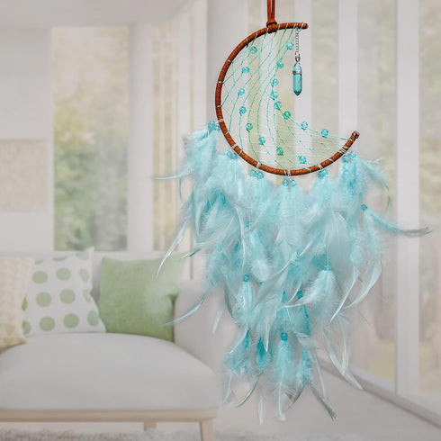 Dremisland Moon Dream Catcher with Fairy Lights-Handmade Feather Lucky Turquoise Pendant Beads Wall Hanging Ornament for kids Bedroom Home Decorat...