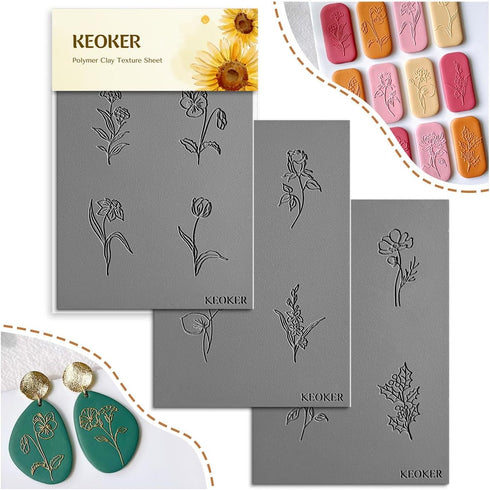 Keoker Polymer Clay Texture Sheets, Birth Month Flower Clay Texture Mat for Making Earrings Jewerly, Polymer Clay Earrings Tools, Floral Clay Text...