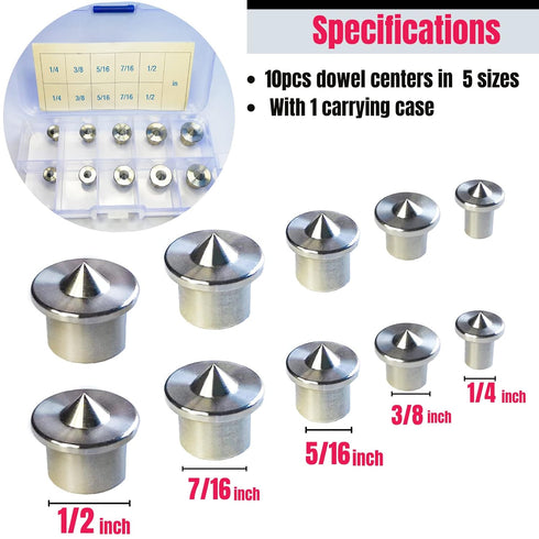 Dowel Centers, Stainless Steel Dowel Center Transfer Plugs 10PCS with 5 Sizes of 1/4" 3/8" 5/16" 7/16" 1/2" Dowel Centering Pins Joinery Accessori...