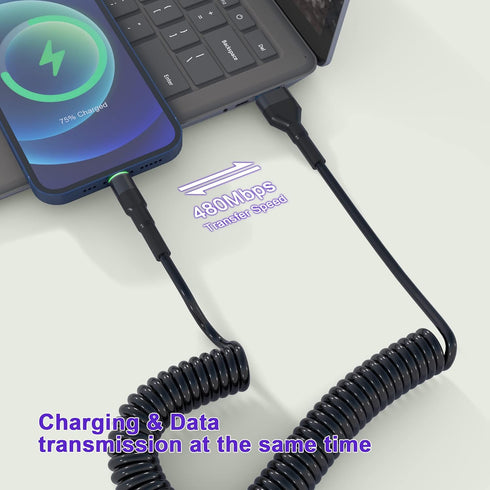 Coiled Lightning Cable Apple Carplay Compatible & MFi Certified, Short USB to Lightning Cable with Data Transmission and LED, Retractable iPhone C...