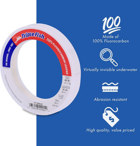 100% Fluorocarbon Fishing Leader - Clear Invisible Strong and Heavy Duty Highly Abrasion Resistant, Fast Sinking Freshwater & Saltwater...
