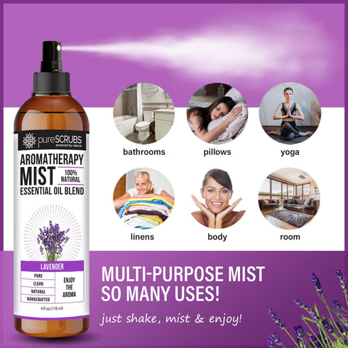 SHAKE, MIST & ENJOY - pureSCRUBS Premium Lavender Aromatherapy Spray Mist for Room, Body, Linens, Pillows 100% Natural Essential Oils Plant Based ...