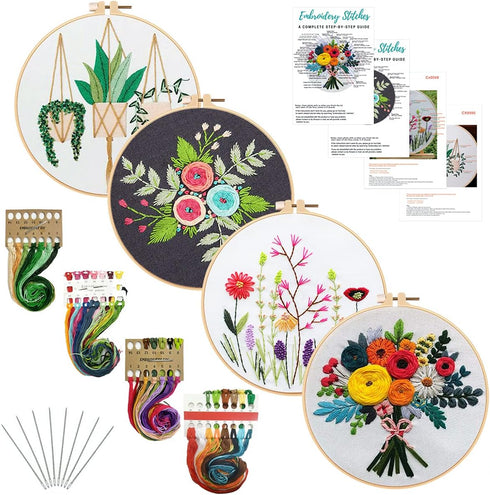 Nuberlic 4 Pack Embroidery Kit for Beginners Cross Stitch Kits Needlepoint Kits for Adults, Include 4 Embroidery Hoops, 4 Embroidery Cloth with Pa...