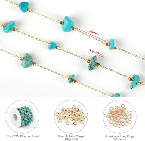 KYUNHOO 16.4 Feet/5M Gold Plated Chains for Jewelry Making Turquoise Blue Natural Stone Chain Spool Brass Necklace Chains Bulk for Necklace Bracel...