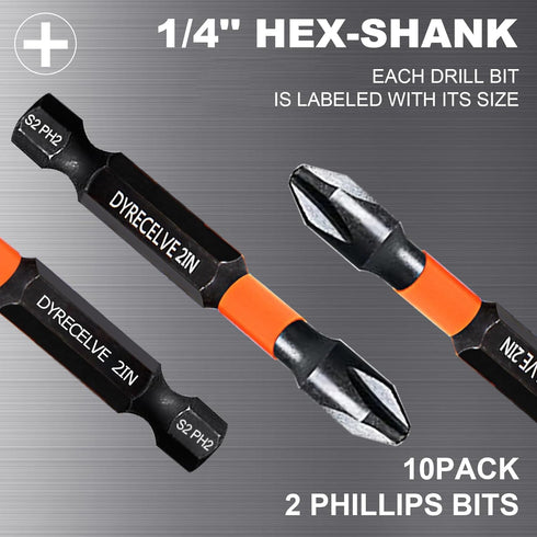 10-Pack Phillips Bits #2 Impact Magnetic 2 Phillips Bits- PH2 Bits Premium S2 Alloy Steel Phillips Head Drill Bits- Phillips Screwdriver Bits (2-I...