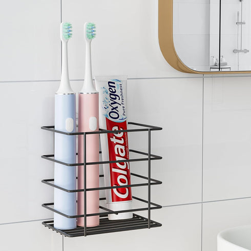 Adhesive Toothbrush Holder Wall Mounted, Suction Toothpaste Organizer Cup for Shower, Razor Holder Caddy Tray Storage Stand with Drainage, Black R...
