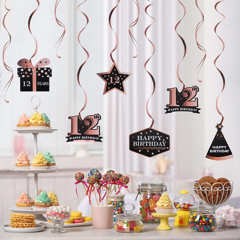 LINGTEER Happy 12th Birthday Decorations - 12Pcs Birthday Black & Rose Gold Swirls Streamer Set,Cheers to Twelve Years Old Bday Party Decorations ...