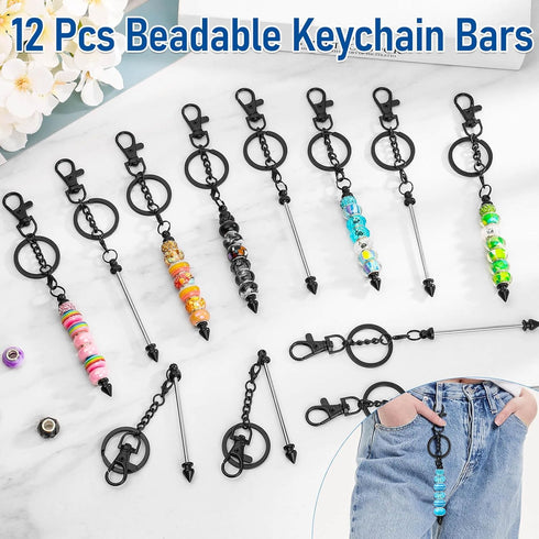 12 Pcs Beadable Keychain Bar, Black Beaded Key Chain for Pendant DIY, Alloy Blank Accessories Bulk for Keychain Making Supplies Jewelry Making Gif...