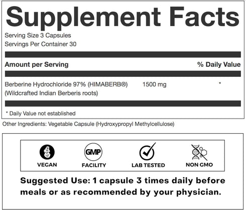 Clean Label Berberine HCl 97% - Clinically Studied Ultra High Strength Pure Berberine 500mg Supplement - Gluten-Free - 90 Capsules...