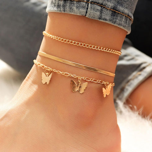 3Pcs Cuban Link Ankle Bracelet Set for Women Gold Plated Stainless Steel Butterfly Snake Chain Anklets Layered Butterfly Chain Anklet for Summer B...