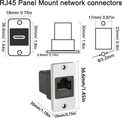 QIANRENON RJ45 Rectangular Panel Network Adapter Cat6A RJ45 8P8C Female to Female Panel Mount Ethernet Connector RJ45 Mounting Network Shield Sock...