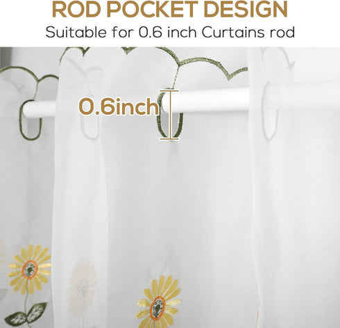 Sheer Embroidery Valance for Window with Daisy - Short Farmhouse Flower Kitchen White Curtain, 17x70inch, 1 Panel, ZHH...