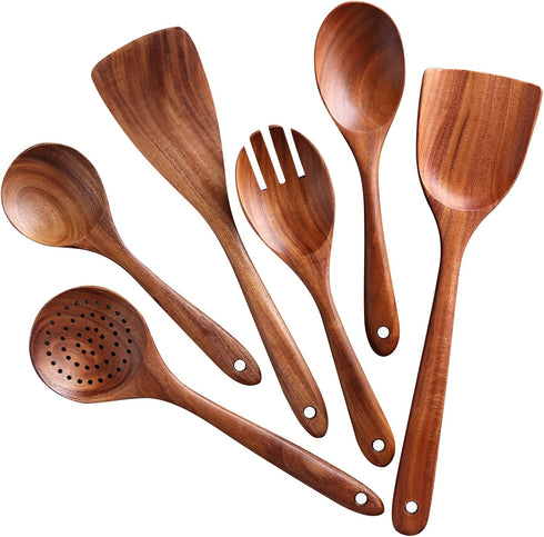 Wooden Spoons for Cooking, 6 Pcs Wooden Utensils for Cooking, Natural Teak Wood Non-Stick Cooking Spoons, Wood Utensils Set for Kitchen...