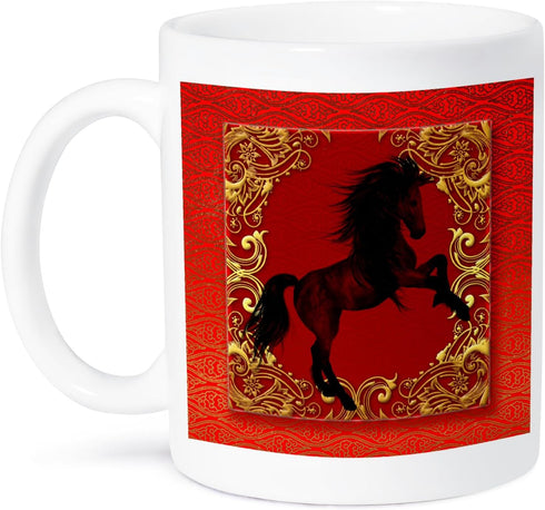 3dRose Zodiac Horse Chinese New Year Red, Gold And Black Ceramic Mug, 15 oz, White...