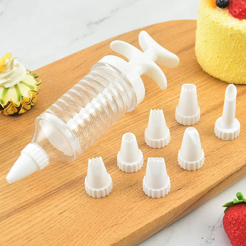 1Pc White Pipe Nozzles with Syringe?8pcs Plastic Cream Baking Piping Nozzle Dispenser Icing Pastry Tips Tube Decoration Tool, for Cupcake and Cake...