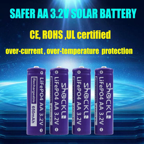 4 Pack- Shockli AA 3.2V LiFePo4 650mAh Battery, AA 3.2V Solar Rechargeable Batteries - Ideal for Solar Garden Light...