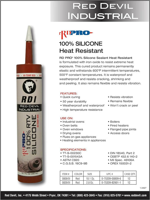 Red Devil 08090I RD PRO 100% Heat Resistant RTV Silicone Sealant, A Water-Proof and Weatherproof Adhesive For High-Heat Use, 10.1 oz. Tube, Red, 1...