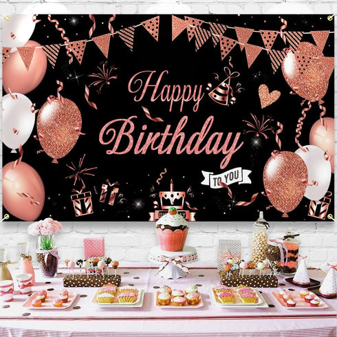 KOKAR Happy Birthday Decorations Banner, Large Black and Rose Gold Happy Birthday Banner Sign, Happy Birthday Backdrop for Girls Women Birthday Pa...
