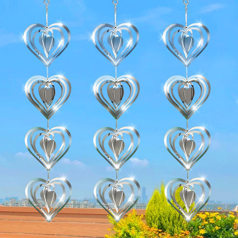 12 Metal Heart Bird Scarer Discs Set, Wind Spinners 3D Helix Reflector Stainless Steel Sparkly Outdoor Garden Decor, Scare Birds & Animals Away fr...
