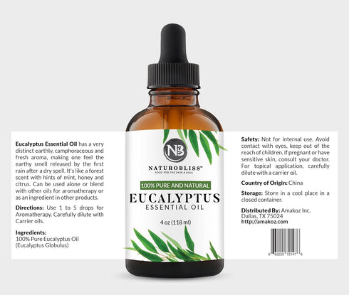 NaturoBliss 100% Pure Natural Undiluted Eucalyptus Essential Oil (4oz) Premium Therapeutic Grade Aromatherapy...