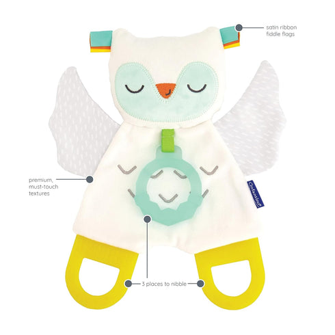 Infantino Glow-in-The Dark Cuddly Teether - Owl Soft Toy with 3 Textured Teethers, Fiddle Flags, Crinkle Sounds, Soft Material, On The Go Toy...