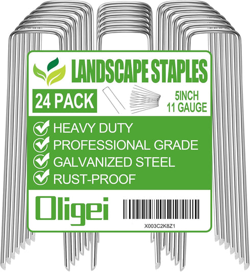 24 Pack Garden Stakes, U-Shaped Tent Stakes, Galvanized Landscape Staples, Ground Stakes, for Landscaping Securing Weed Barrier Fabric, Irrigation...