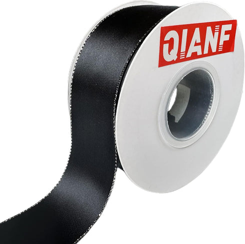 Black 1 1/2 inch 25 Yards Double Face Satin Ribbon with Silver Border for Gift Wrapping Weddings Party Invitation Decorations...