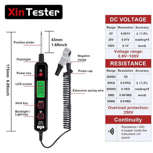 Automotive Test Light, 0.8-100V DC Car Circuit Tester Vehicle Voltage Resistance Detector Pen with LCD Backlight Display, Flashlight, Electrical S...