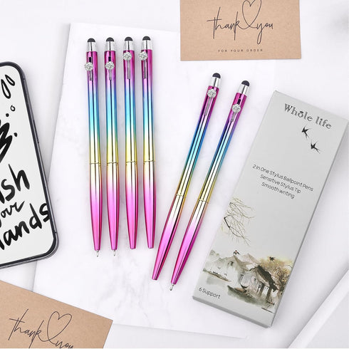 2 in 1 Ballpoint Pen with Stylus Tip Diamond Pen Fine Point Pens with Ink Pens with Stylus Tips 0.7mm Chinese Pens Black Ink Pens Rainbow Colors B...