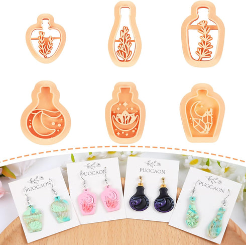 Puocaon Potion Bottle Clay Cutters - 6 Shapes Embossing Plants Bottle Polymer Clay Cutters, Celestical Clay Cutters for Polymer Clay Jewelry, Crys...